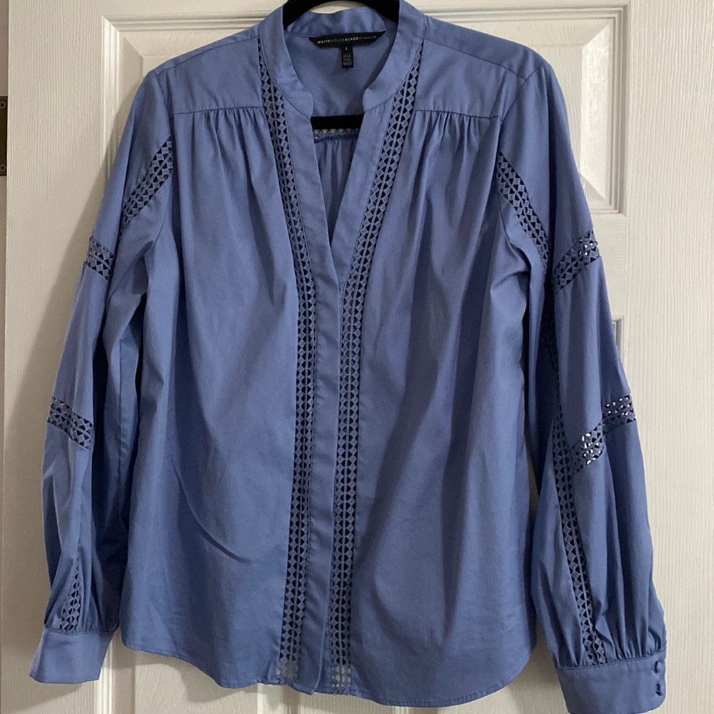 White House Black Market Embroidered Poplin Shirt, Button Down, Denim Blue, L